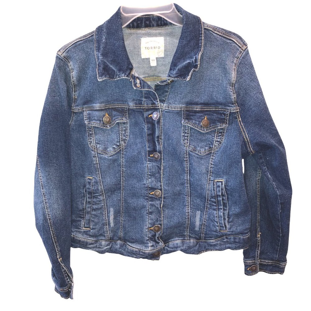 Torrid 00 = 10 Medium Wash Blue Button Front Pockets Denim Trucker Jean Jacket
